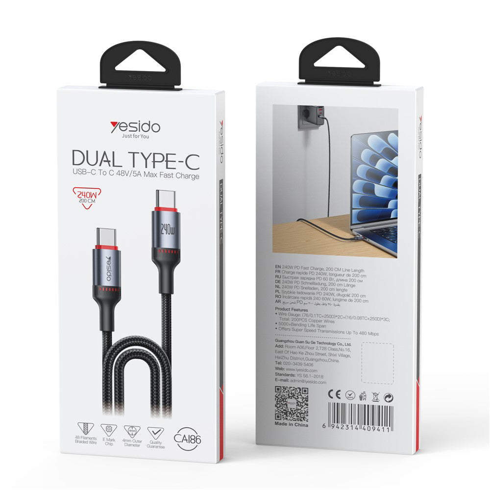 Kabel za prijenos podataka i punjenje USB-C - USB-C Yesido CA186, 240W, 2m, Crni