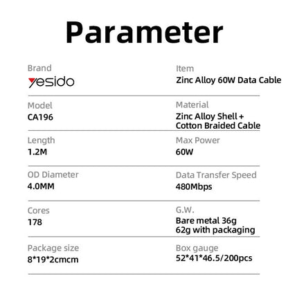 Kabel za prijenos podataka i punjenje USB-C - USB-C Yesido CA196, 60W, 1.2m, Crni