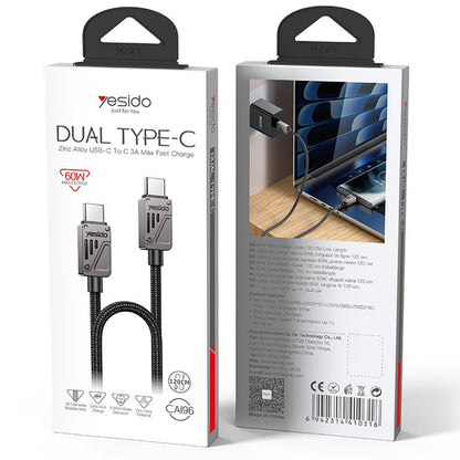 Kabel za prijenos podataka i punjenje USB-C - USB-C Yesido CA196, 60W, 1.2m, Crni