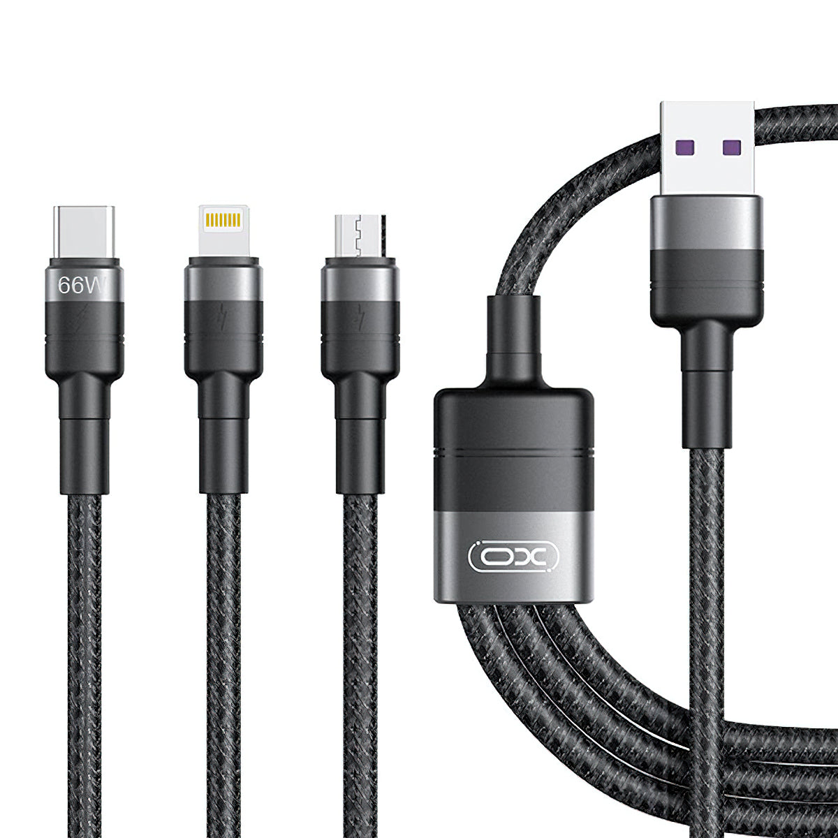Kabel za punjenje USB-A - Lightning / microUSB / USB-C XO Design NB-Q191 3in1, 66W, 1.2m, Crni