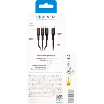 Forever 3in1 USB-A - Lightning / 2 x USB-C Forever 3in1 Charging Cable, 60W, 1.2m, Black