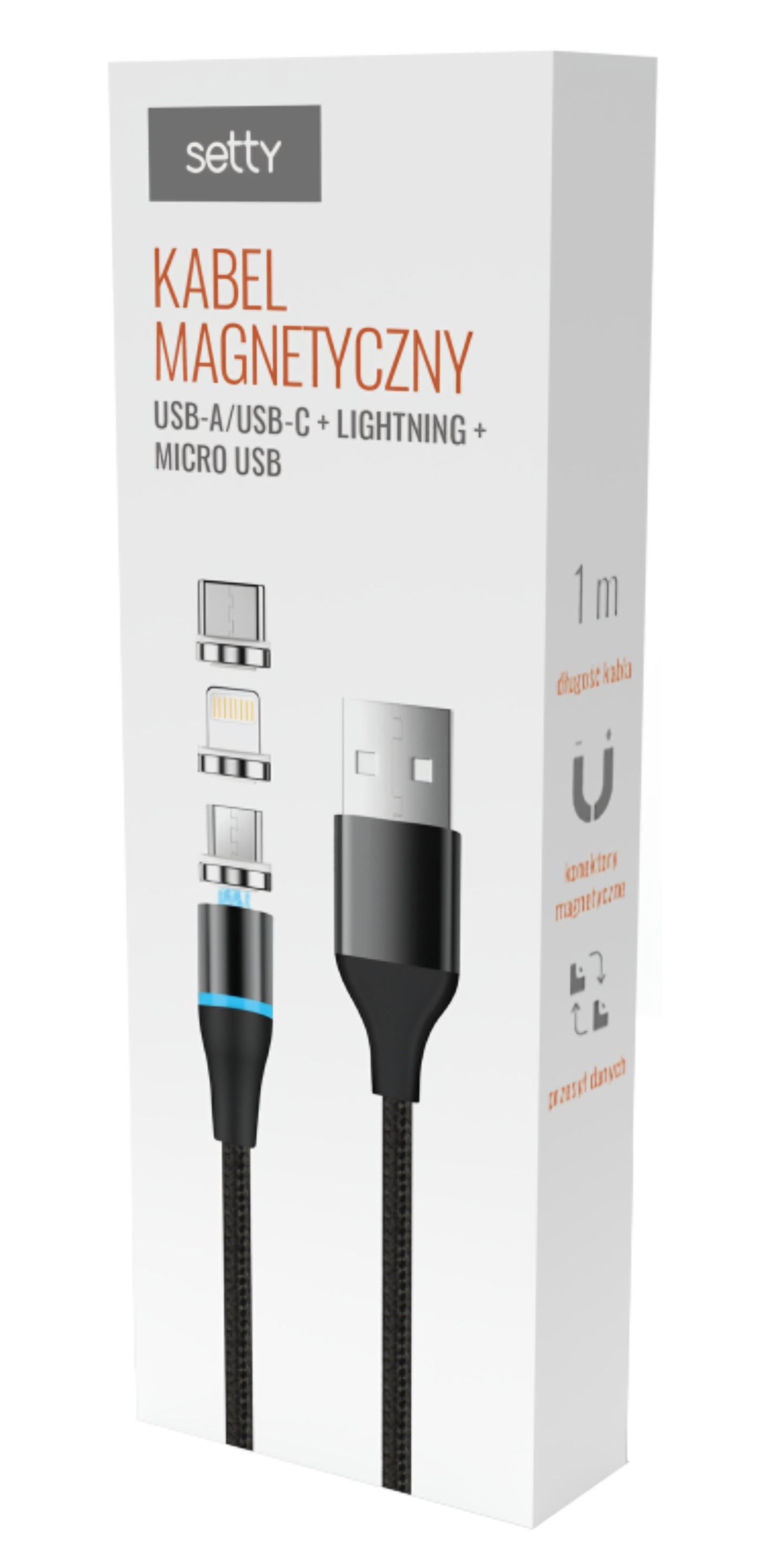USB-A - Lightning / microUSB / USB-C Setty Magnetic DT 3in1 punjački kabel, 12.5W, 1m, Crni