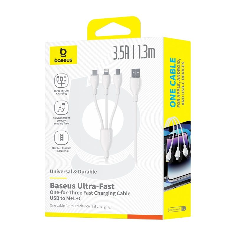 USB-A kabel za punjenje - Lightning / microUSB / USB-C Baseus Ultra Fast 3in1, 18W, 1.3m, Bijela P10376303211-00