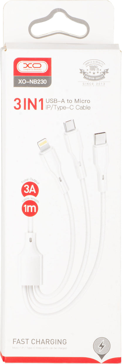 Kabel za punjenje USB-A - Lightning / microUSB / USB-C XO Design NB230 3u1, 20W, 1m, Bijeli