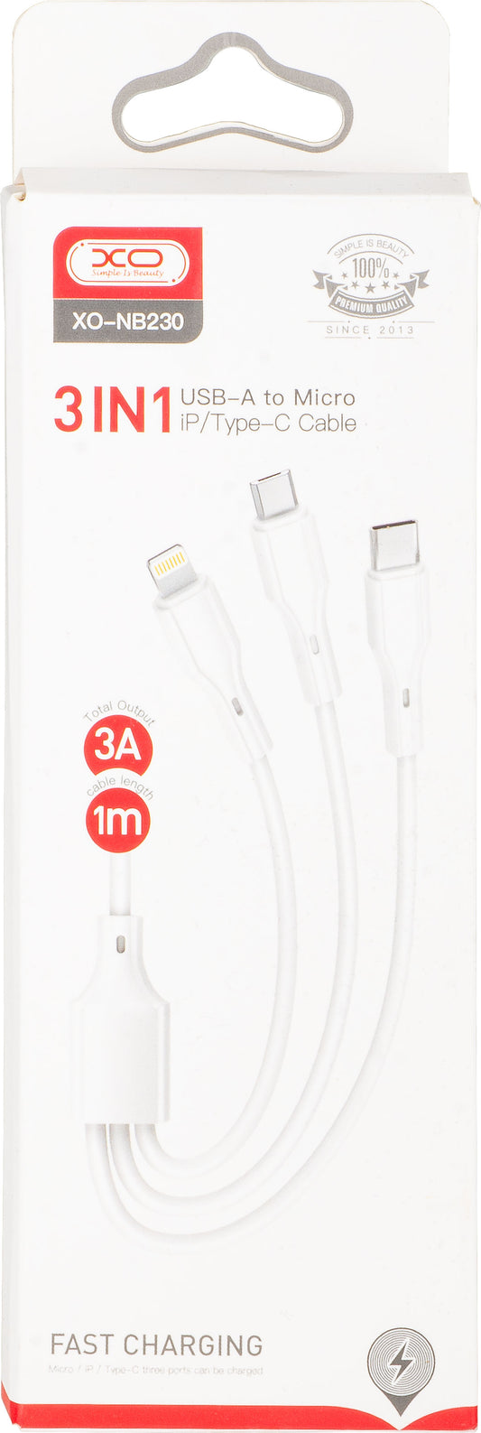 Kabel za punjenje USB-A - Lightning / microUSB / USB-C XO Design NB230 3u1, 20W, 1m, Bijeli