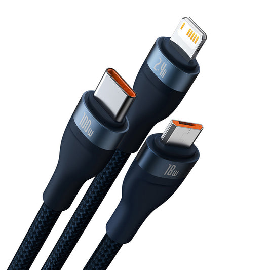 Kabel za punjenje USB-A - Lightning / microUSB / USB-C Baseus Flash Series II 3in1, 100W, 1.2m, Plavi CASS030003