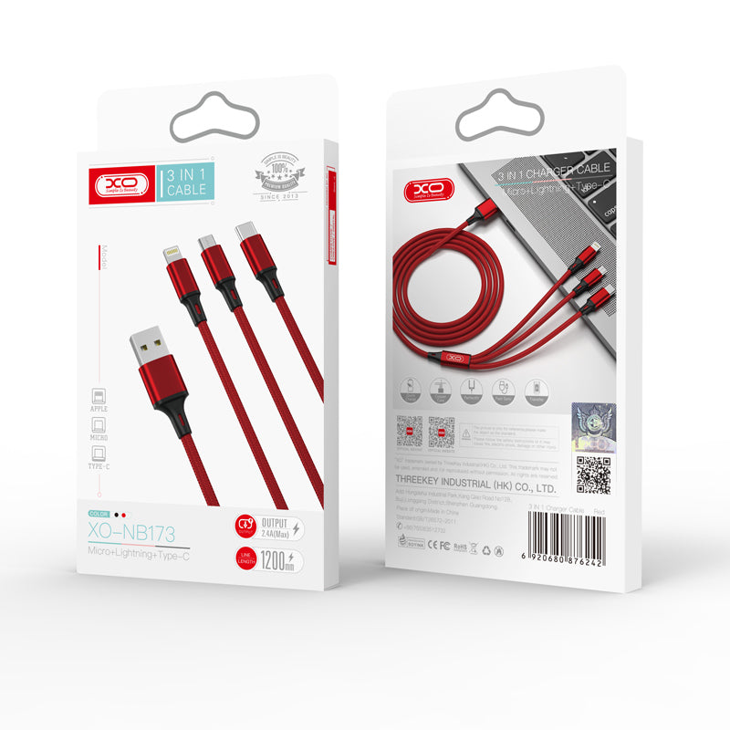 Kabel za punjenje USB-A - Lightning / microUSB / USB-C XO Design NB173 3u1, 18W, 1.2m, Crveni