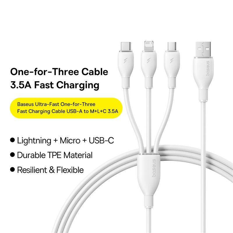 USB-A kabel za punjenje - Lightning / microUSB / USB-C Baseus Ultra Fast 3in1, 18W, 1.3m, Bijela P10376303211-00