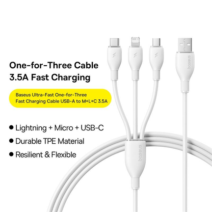 USB-A kabel za punjenje - Lightning / microUSB / USB-C Baseus Ultra Fast 3in1, 18W, 1.3m, Bijela P10376303211-00