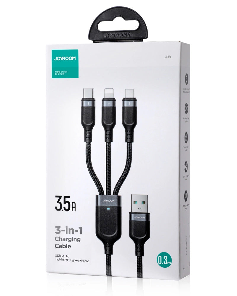 Kabel za punjenje USB-A - Lightning / microUSB / USB-C Joyroom S-A18 3u1, 20W, 0.3m, Crni
