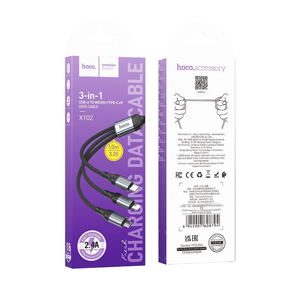 Kabel za punjenje USB-A - Lightning / microUSB / USB-C HOCO X102 3u1, 18W, 1m, Crni