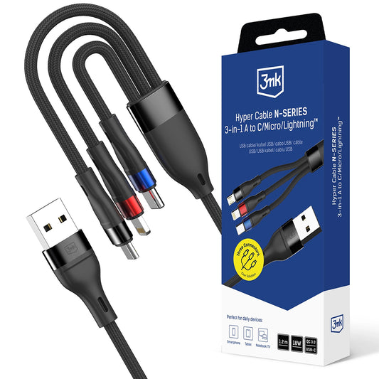 Kabel za punjenje USB-A - Lightning / microUSB / USB-C 3MK Hyper N, 18W, 1.2m, Crni