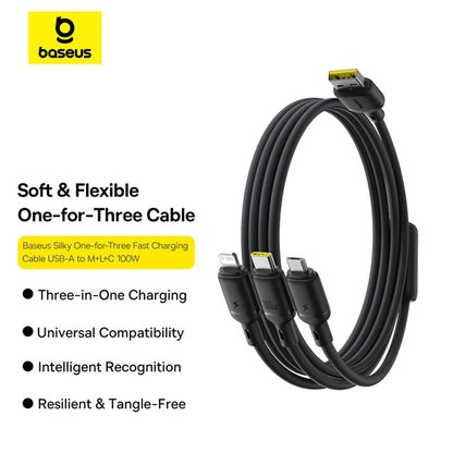 Kabel za punjenje USB-A - Lightning / microUSB / USB-C Baseus Silky 3in1, 100W, 1.5m, Crni P10377705123-00