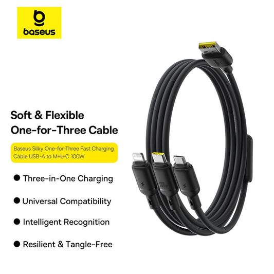Kabel za punjenje USB-A - Lightning / microUSB / USB-C Baseus Silky 3in1, 100W, 1.5m, Crni P10377705123-00