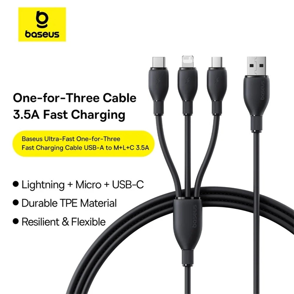 Kabel za punjenje USB-A - Lightning / microUSB / USB-C Baseus Ultra Fast 3in1, 18W, 1.3m, Crni P10376303121-00