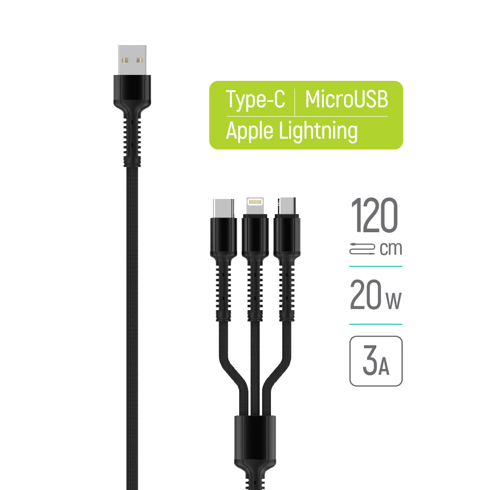 Kabel za punjenje USB-A - Lightning / microUSB / USB-C ColorWay CW-CBU3003, 20W, 1.2m, Sivi