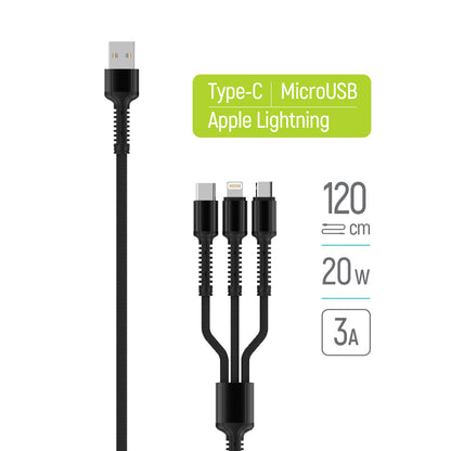 Kabel za punjenje USB-A - Lightning / microUSB / USB-C ColorWay CW-CBU3003, 20W, 1.2m, Sivi