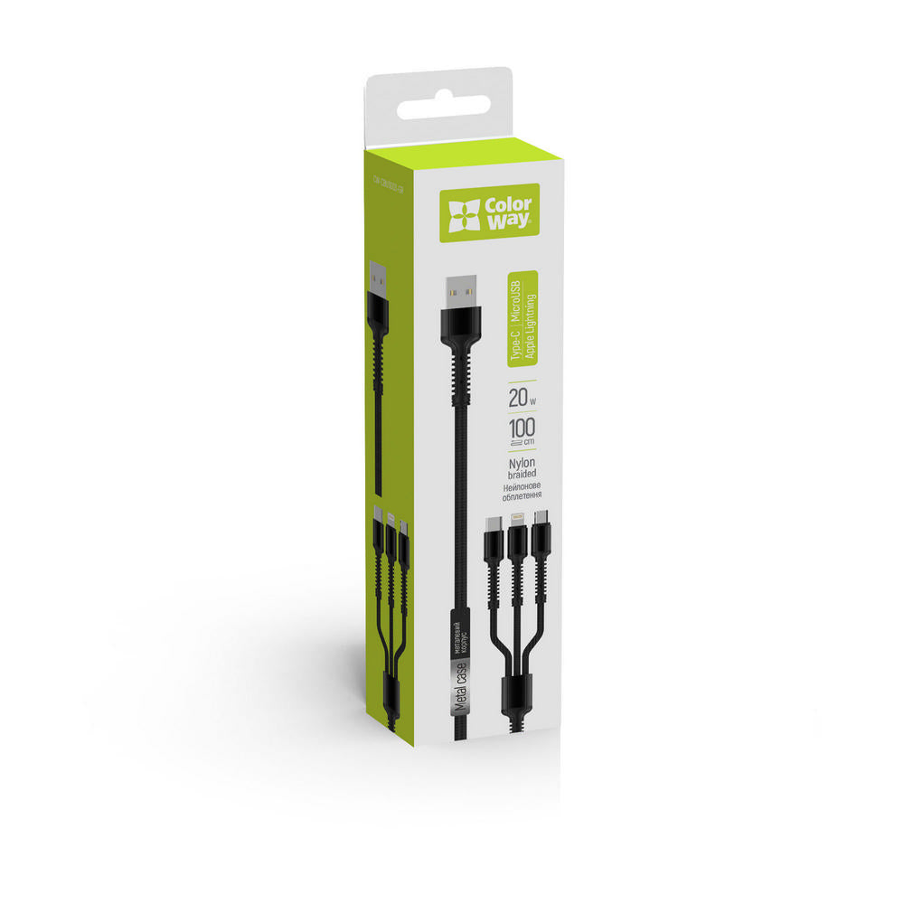 Kabel za punjenje USB-A - Lightning / microUSB / USB-C ColorWay CW-CBU3003, 20W, 1.2m, Sivi