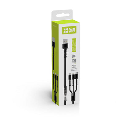 Kabel za punjenje USB-A - Lightning / microUSB / USB-C ColorWay CW-CBU3003, 20W, 1.2m, Sivi