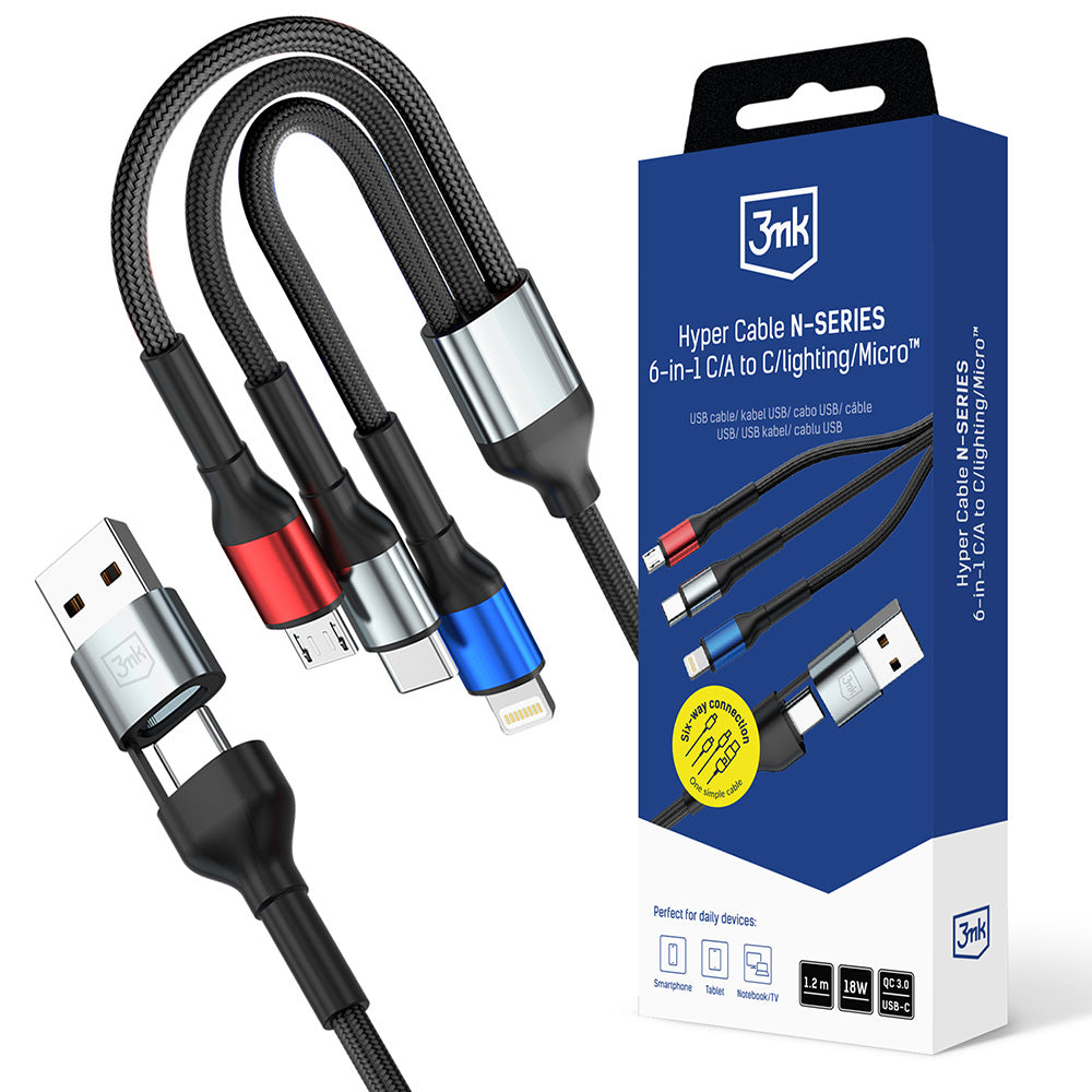 Kabel za punjenje USB-A / USB-C - Lightning / microUSB / USB-C 3MK Hyper N, 18W, 1.2m, Crni