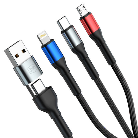 Kabel za punjenje USB-A / USB-C - Lightning / microUSB / USB-C 3MK Hyper N, 18W, 1.2m, Crni
