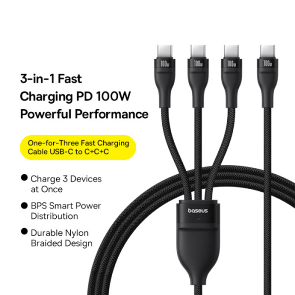 USB-C punjački kabel - 3 x USB-C Baseus Flash Series III 3in1, 100W, 1.5m, Crni P10377503111-00