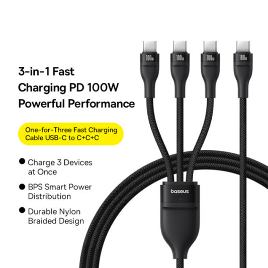 USB-C punjački kabel - 3 x USB-C Baseus Flash Series III 3in1, 100W, 1.5m, Crni P10377503111-00