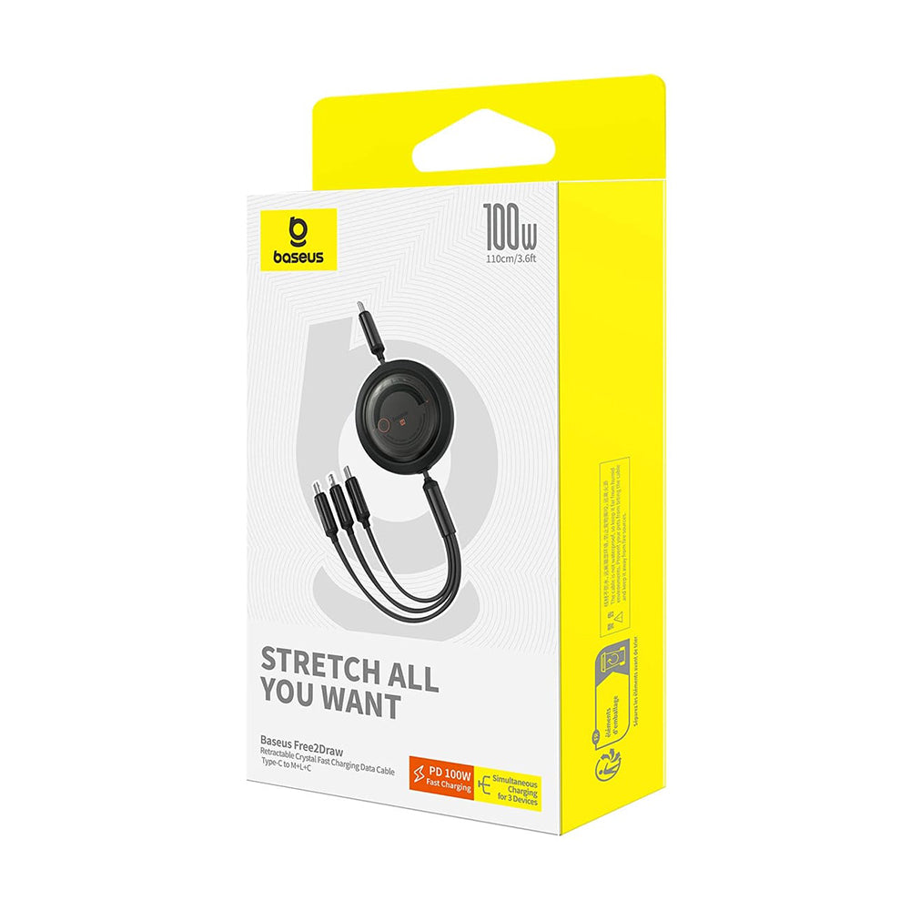 Kabel za punjenje USB-C - Lightning / microUSB / USB-C Baseus Free2Draw Retractable, 100W, 1.1m, Crni P10368700111-04
