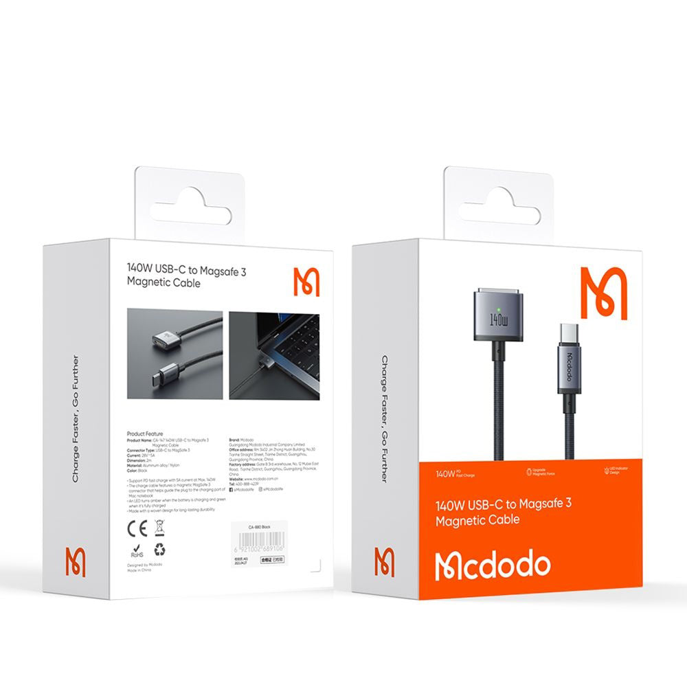 Kabel za punjenje McDodo CA-1470, USB-C - MagSafe 3, 140W, 2m, Crni