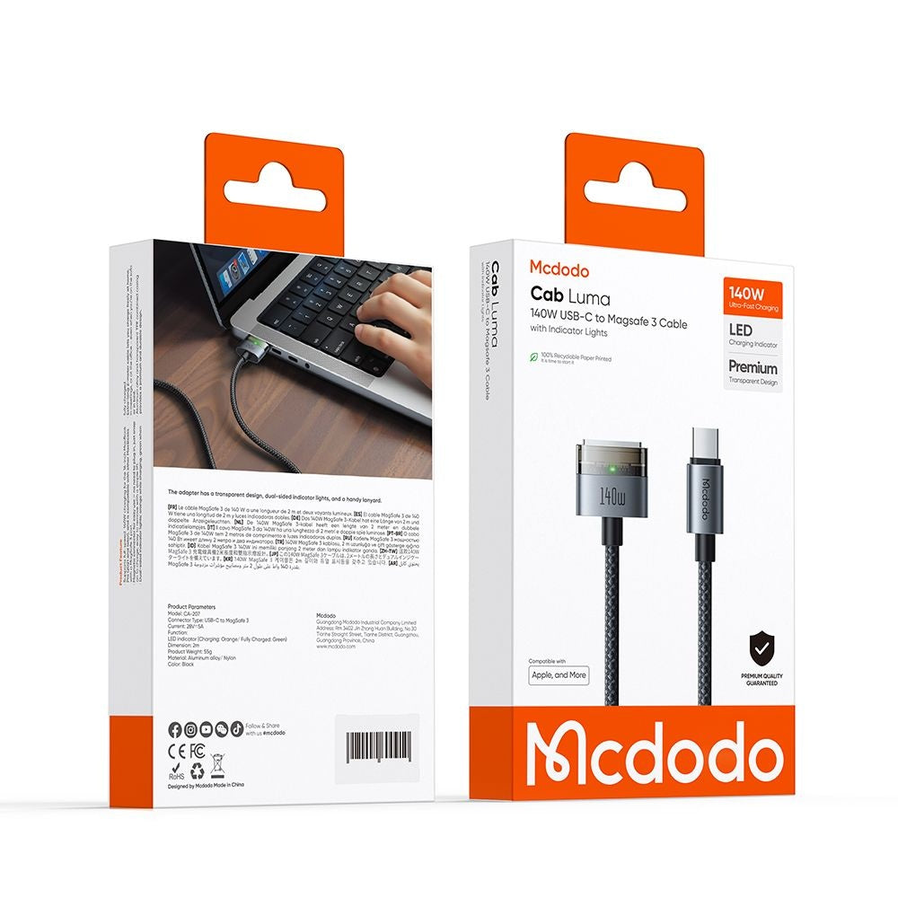 Kabel za punjenje McDodo CA-2070, USB-C - MagSafe 3, 140W, 2m, Crni