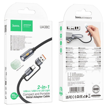 Kabel Led HOCO UA38C, USB-C / USB-A, 0.3m, Crni