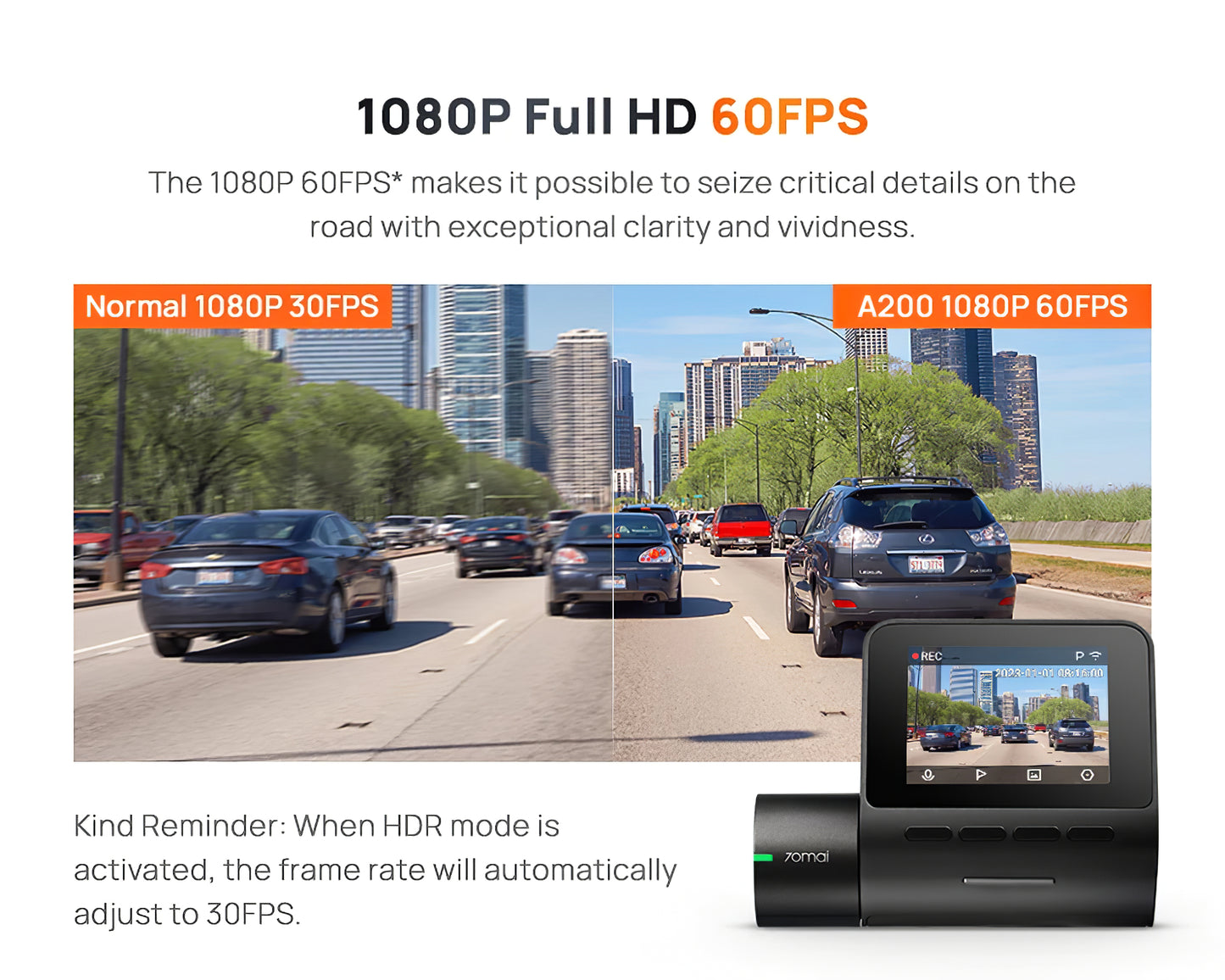 Auto kamera 70mai Dash Cam A200, 1080P, Wi-Fi, Zaslon 2 inča
