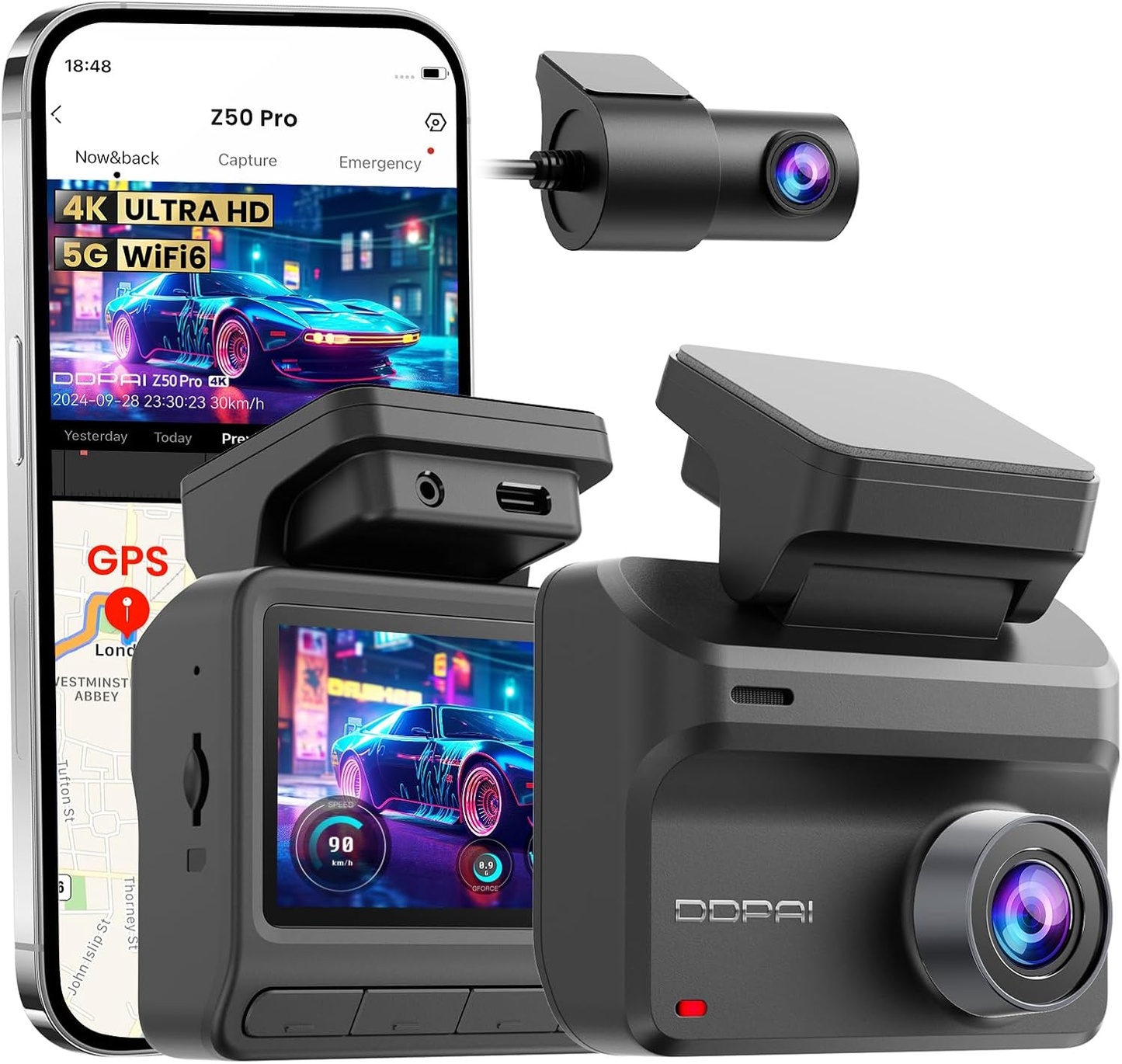 Auto kamera Prednja Stražnja DDPAI Z50 Pro Dual, 4K, Wi-Fi, GPS, Zaslon 3 inča