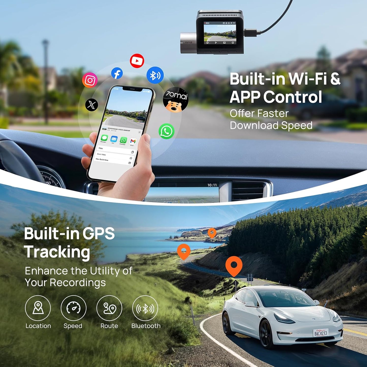 Auto kamera Prednja Stražnja 70mai Dash Cam A510, 3K, GPS, Wi-Fi, Zaslon 2 inča