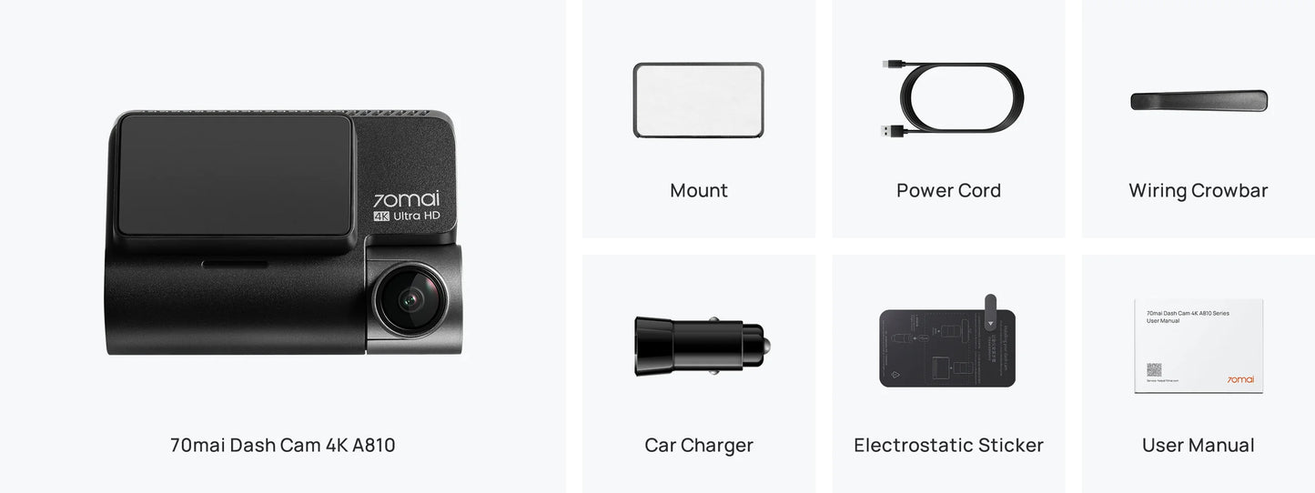 Auto kamera Prednja Zadnja 70mai Dash Cam A810, 4K, Wi-Fi, GPS, Zaslon 3 inča