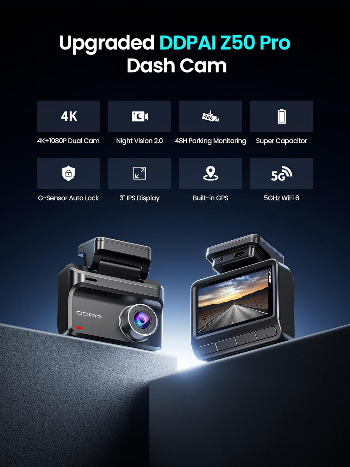 Auto kamera Prednja Stražnja DDPAI Z50 Pro Dual, 4K, Wi-Fi, GPS, Zaslon 3 inča