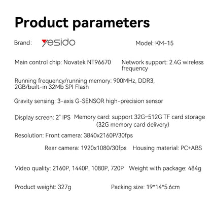 Auto kamera prednja i stražnja Yesido KM15, 4K, Wi-Fi, zaslon 2 inča