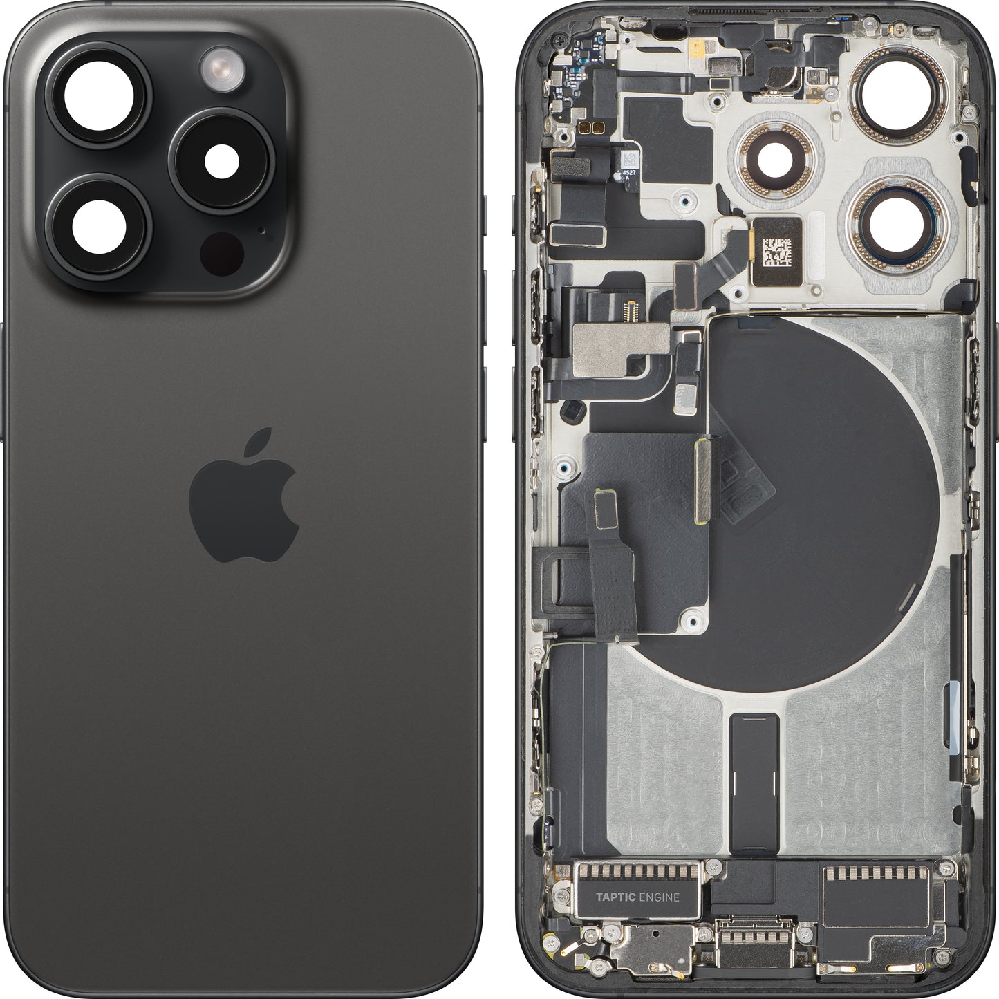 Poklopac baterije Apple iPhone 15 Pro, s kućištem sredine, kompletni dijelovi, crna (crni titan), zamjena