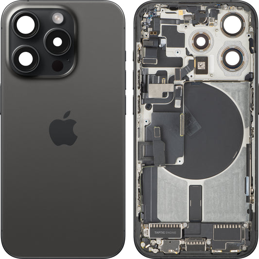 Poklopac baterije Apple iPhone 15 Pro, s kućištem sredine, kompletni dijelovi, crna (crni titan), zamjena