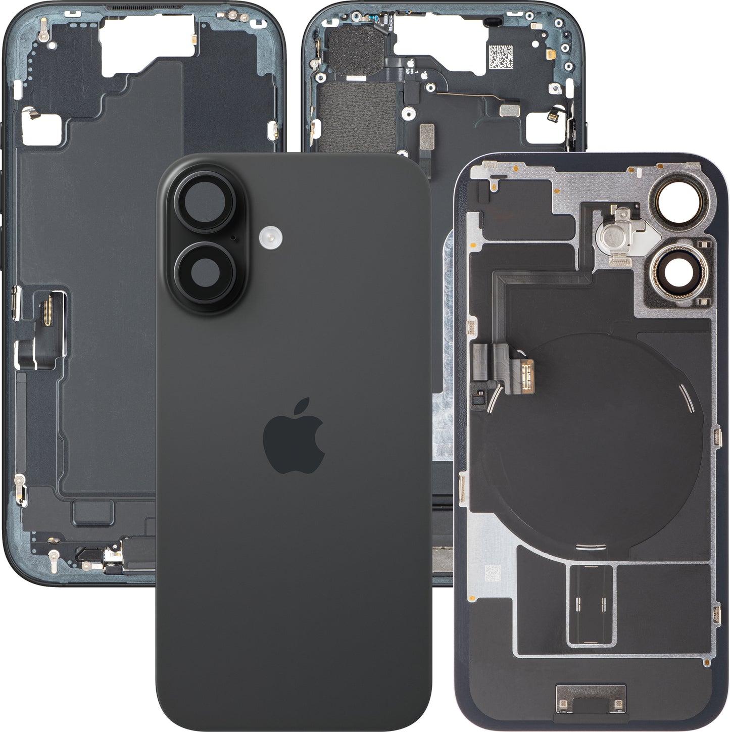 Poklopac baterije Apple iPhone 16, s kućištem u sredini, kompletni dijelovi, crni, zamjena