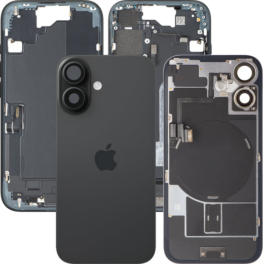 Poklopac baterije Apple iPhone 16, s kućištem u sredini, kompletni dijelovi, crni, zamjena