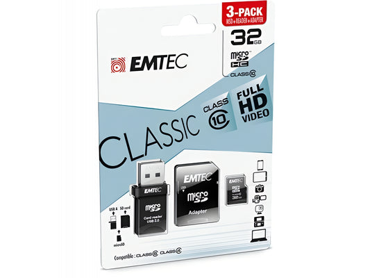 Memorijska kartica microSDHC Emtec C10 Classic, 32Gb, Klasa 10, s čitačem kartica i adapterom ECMSDM32GHC10CGRA2