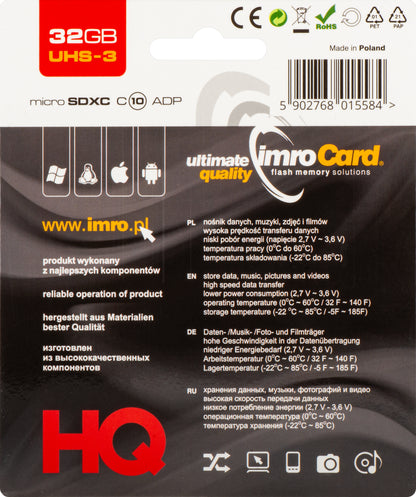 Memorijska kartica microSDHC Imro, 32Gb, Klasa 10 / UHS-1 U3, S adapterom