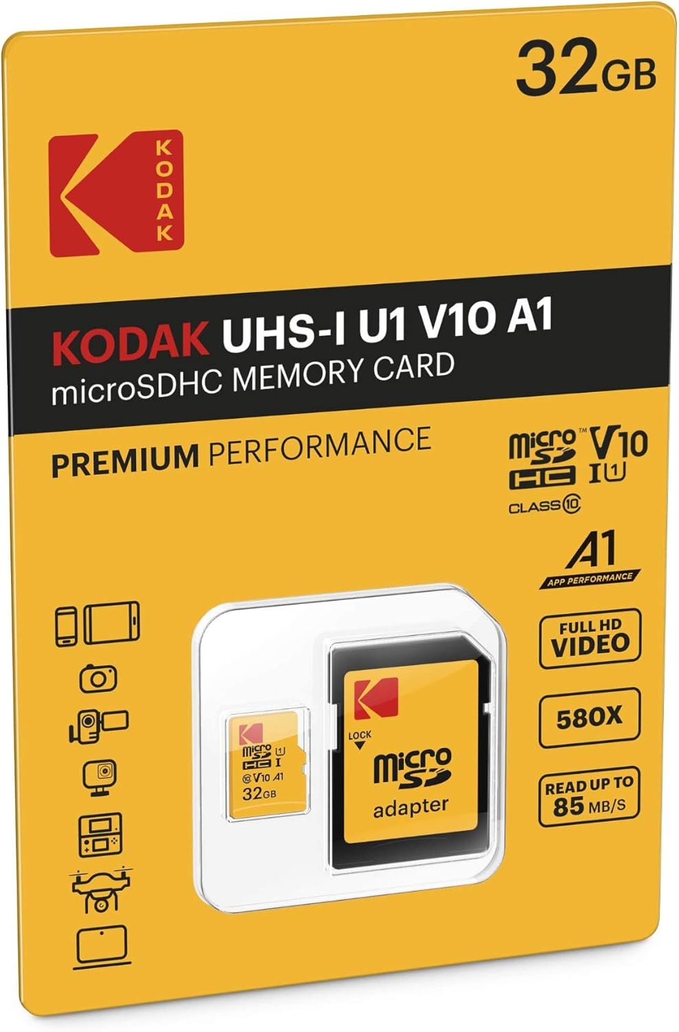 Memorijska kartica microSDHC Kodak Premium Performance, 32Gb, Klasa 10 / UHS-1 U1, s adapterom EKMSDM32GHC10K