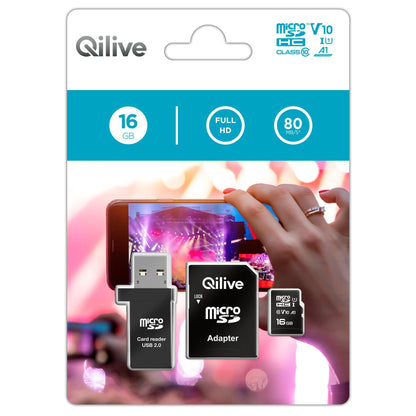 microSDHC memorijska kartica Qilive, 16Gb, Klasa 10, s čitačem kartica i adapterom EKMSDM16GHC10QL