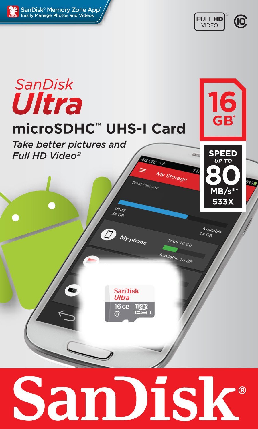 Memorijska kartica microSDHC SanDisk Ultra, 16Gb, Klasa 10 SDSQUNS-016G-GN3MN