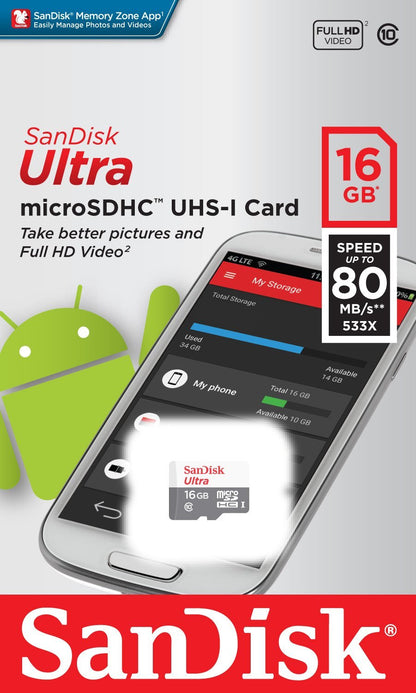 Memorijska kartica microSDHC SanDisk Ultra, 16Gb, Klasa 10 SDSQUNS-016G-GN3MN