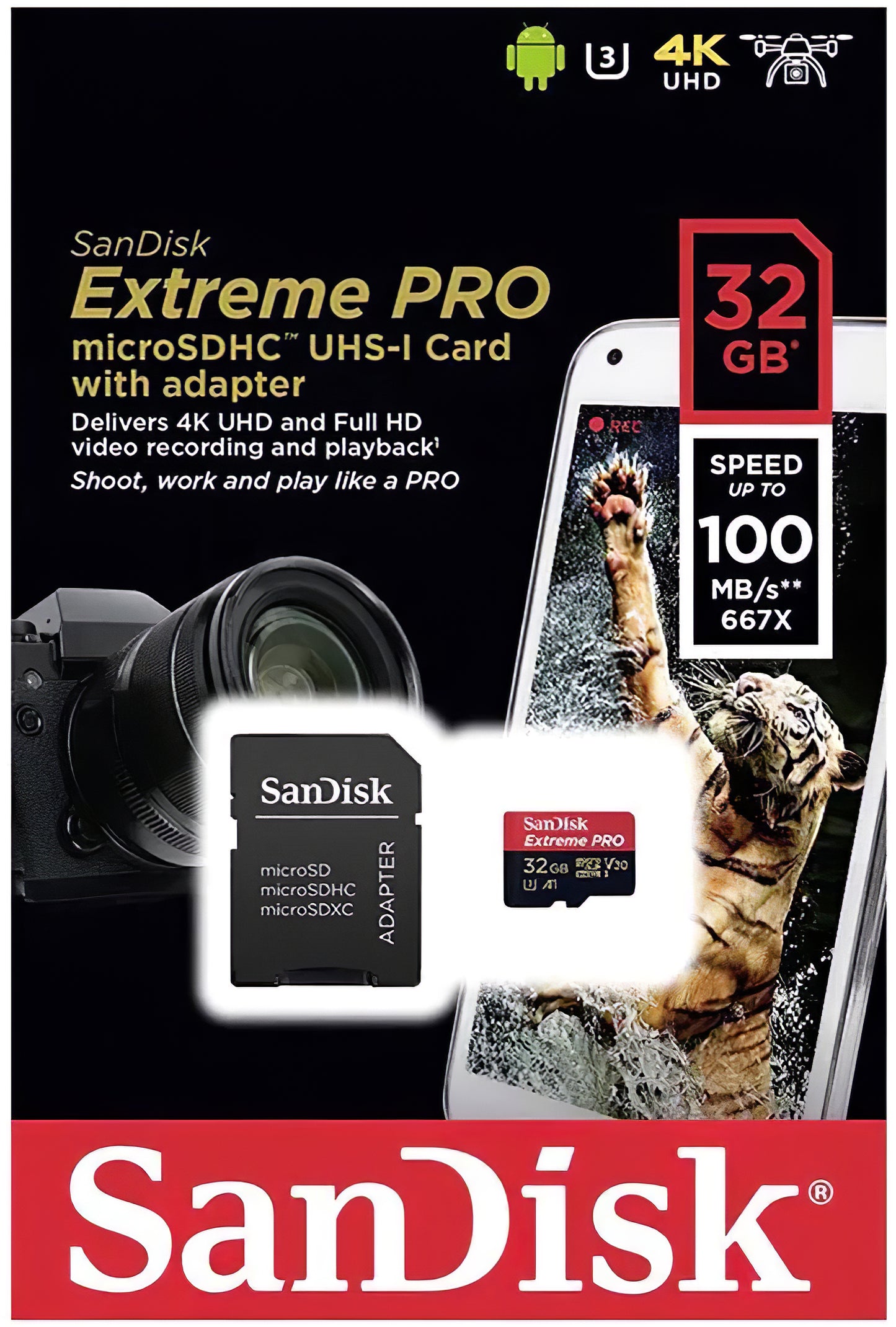 Memorijska kartica microSDHC SanDisk Extreme Pro, 32Gb, Klasa 10 / UHS-1 U3, S adapterom SDSQXCG-032G-GN6MA