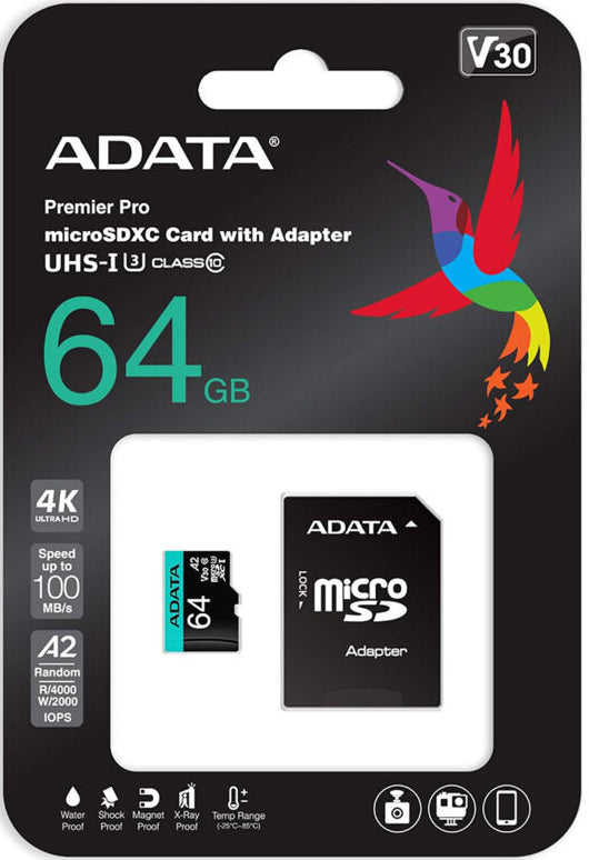 Memorijska kartica microSDXC Adata Premier Pro, 64Gb, Klasa 10 / UHS-1 U3, S adapterom AUSDX64GUI3V30SA2-RA1