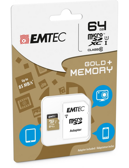 Memorijska kartica microSDXC Emtec Gold+, 64Gb, Klasa 10 / UHS-1 U1, S adapterom ECMSDM64GXC10GP